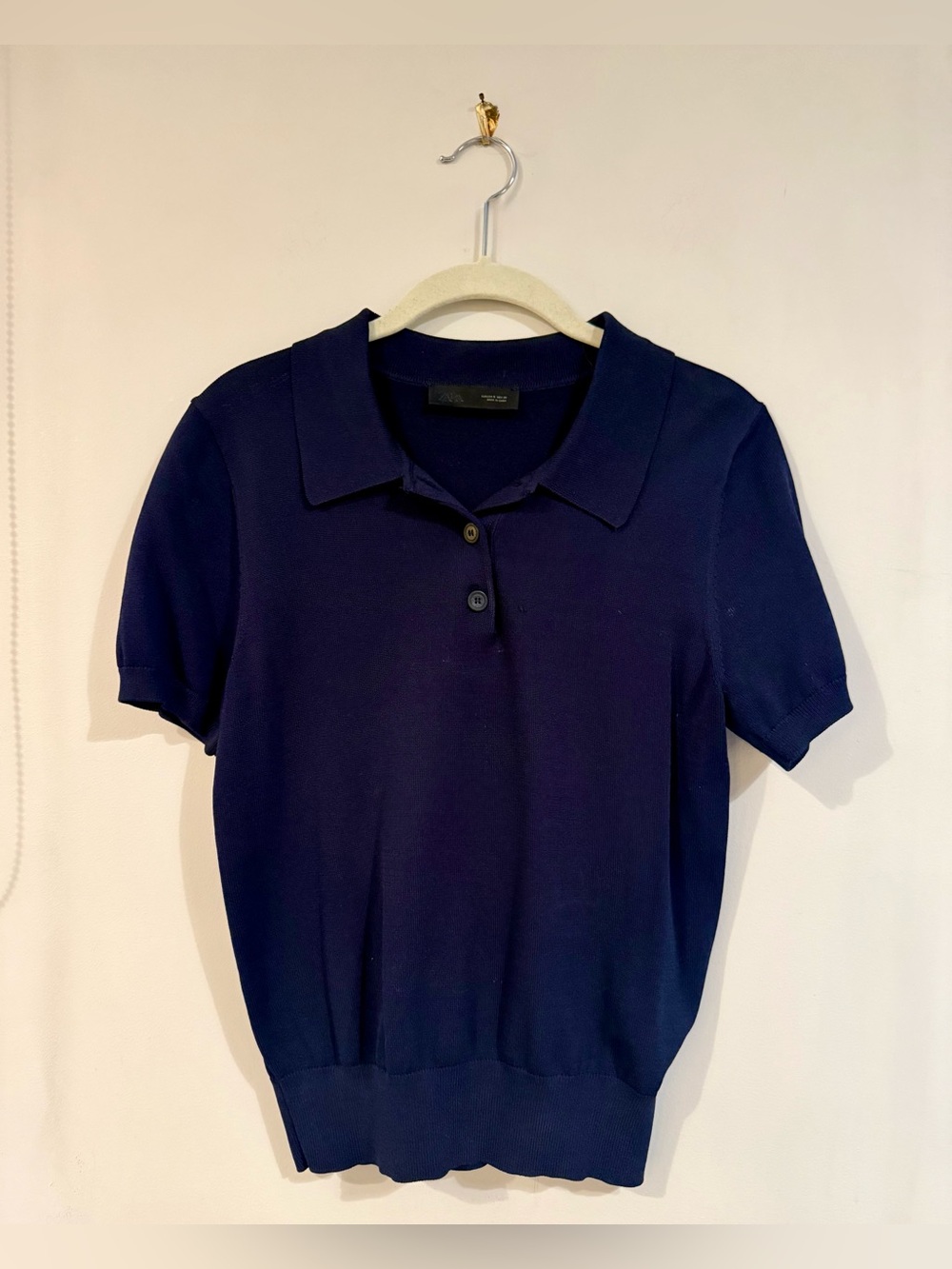 Zara Navy Short-Sleeve Knit Collared Sweater Top, Size Small NWOT